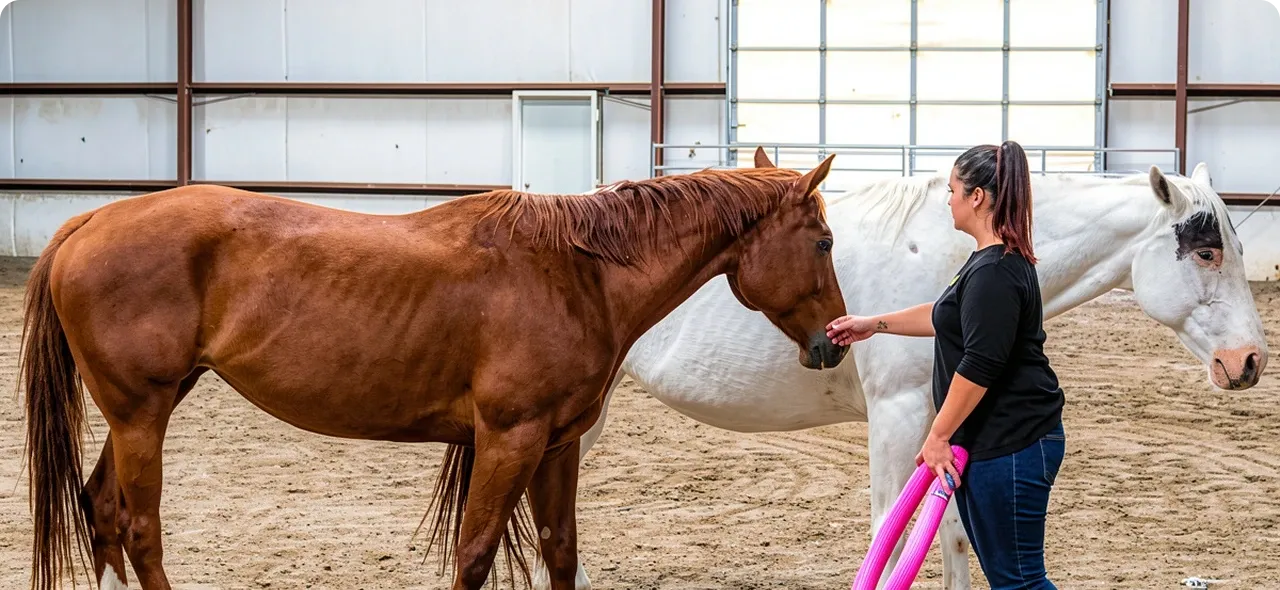A Maple Mountain team member with two of the program's horses in the arena